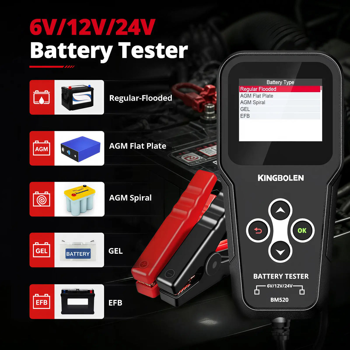 KINGBOLEN BM520 6V 12V 24V battery tester shown with compatible automotive batteries