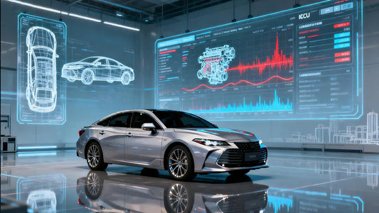 How to read OBD2 live data: a silver sedan in a diagnostic lab with live engine graphs and waveforms on the screens