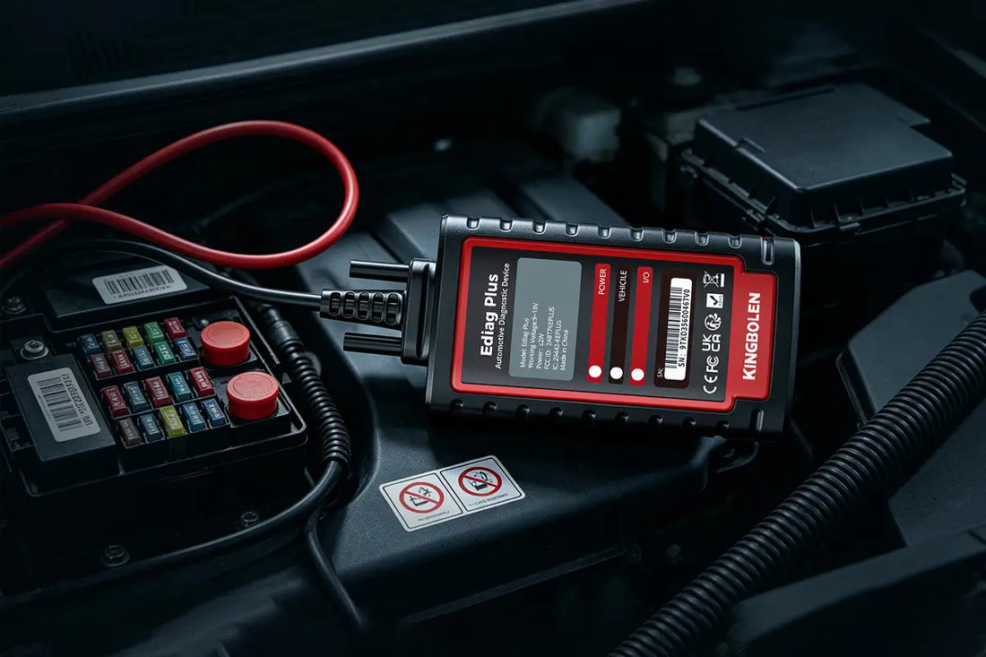 Do you need CAN FD in an OBD2 scanner: a KINGBOLEN Ediag Plus diagnostic device on an engine bay next to the fuse box