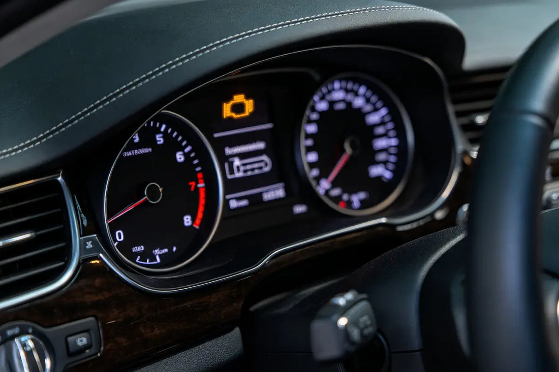 How to use an OBD2 scanner: a car instrument cluster with the check engine light on