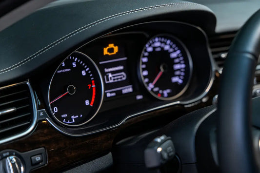How to use an OBD2 scanner: a car instrument cluster with the check engine light on