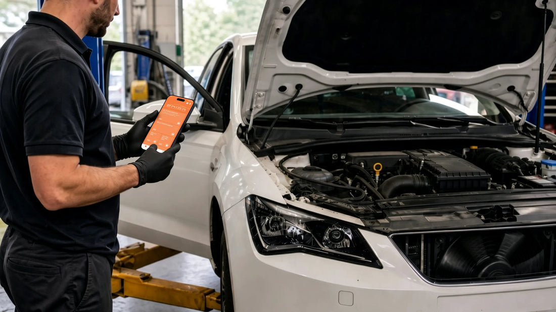 Active Tests vs Live Data on Ediag C1: mechanic holding a phone beside a car with the hood open