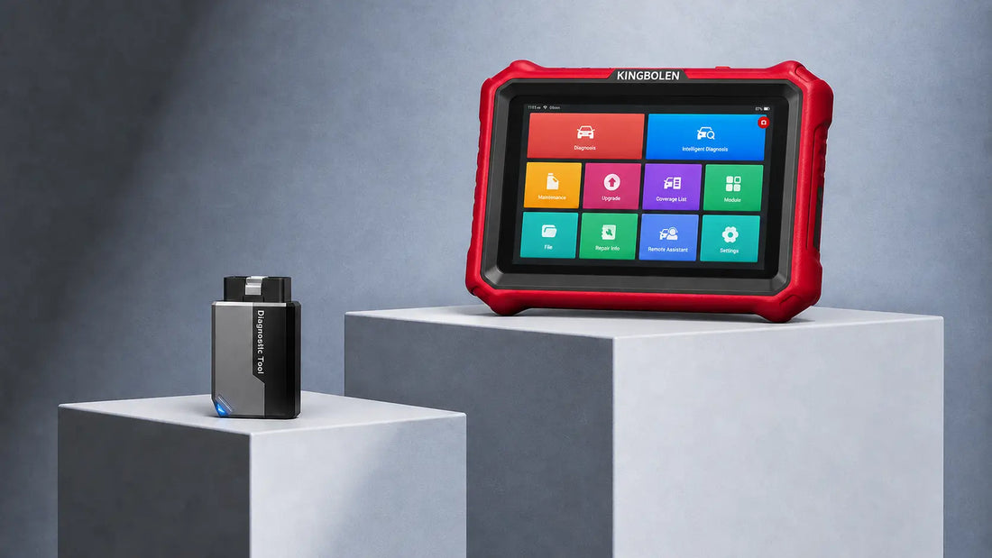 KINGBOLEN red diagnostic tablet with home screen next to an OBD2 diagnostic tool on studio pedestals