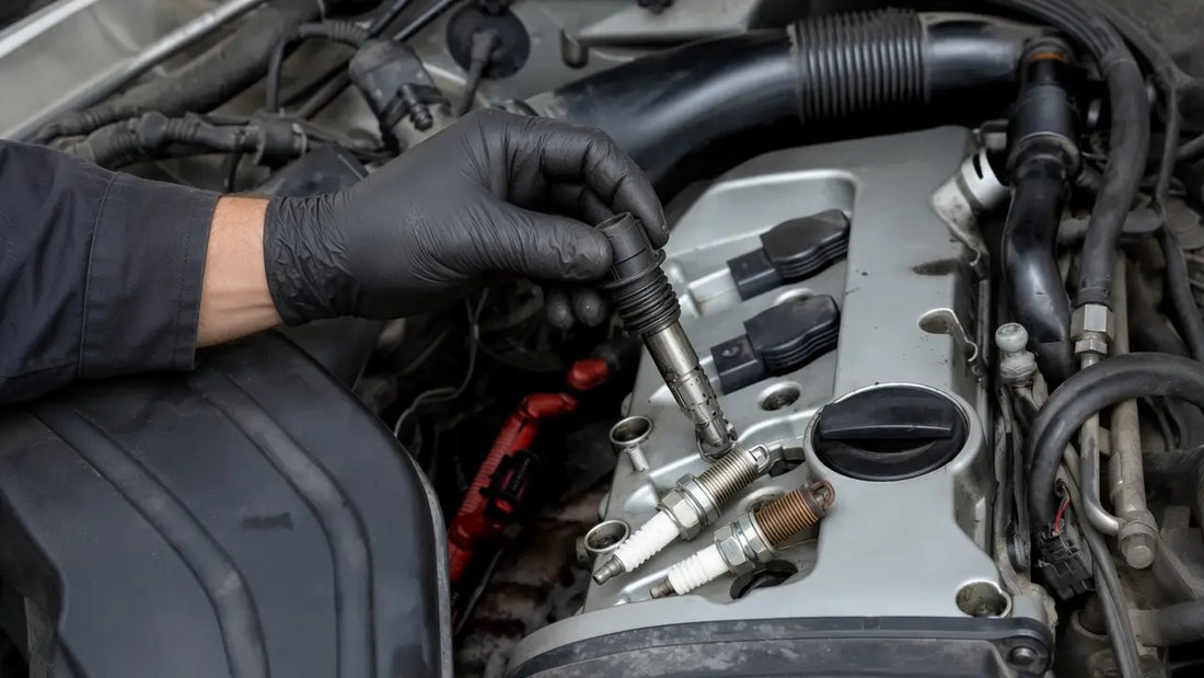 Bad ignition coil symptoms: mechanic holding a coil pack over spark plugs on the engine