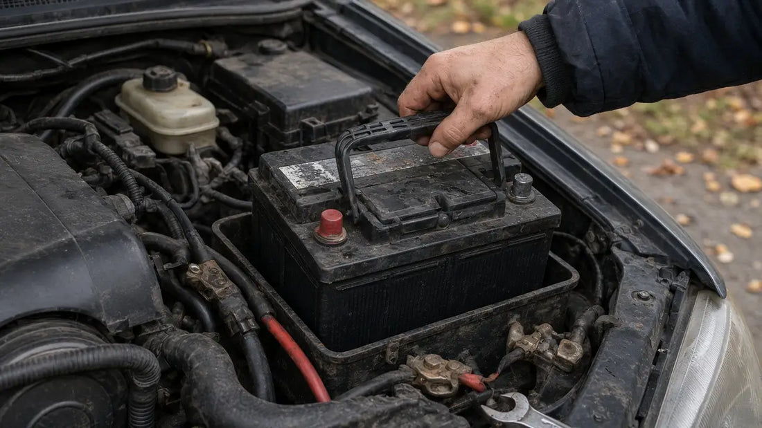 Battery registration scan tool and Ediag C1: hand lifting a 12V car battery in the engine bay