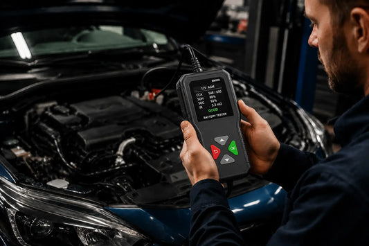 How to read car battery tester results: a BM550 showing CCA, SOH, SOC, and internal resistance on a 12V AGM battery with a Good result