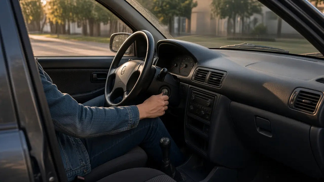 Car won’t start: driver turning the ignition key in the steering column