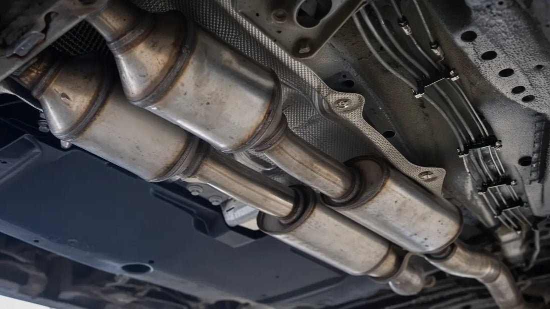 Catalyst monitor not ready before an emissions test: dual catalytic converters and exhaust pipes under the car