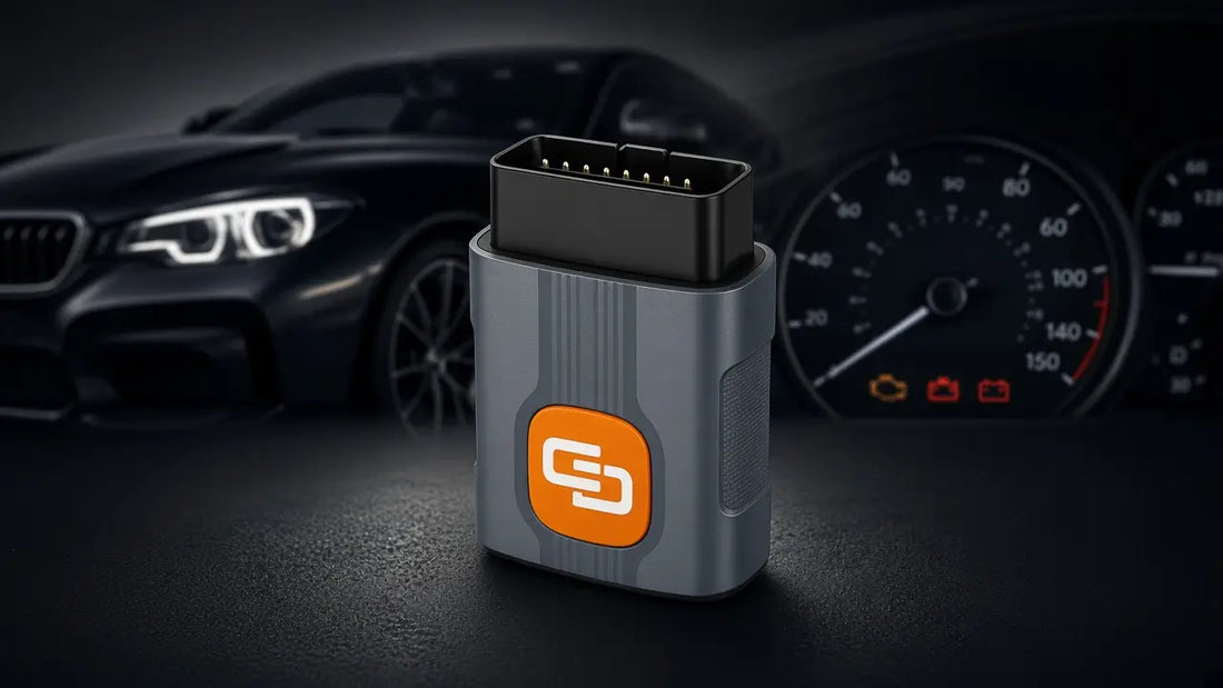 Full-system scan before and after repair: OBD2 dongle in front of a car and instrument cluster