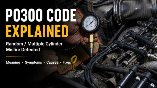 P0300 code explained: random or multiple cylinder misfire detected, covering meaning, symptoms, causes, and fixes, with a compression gauge on the engine