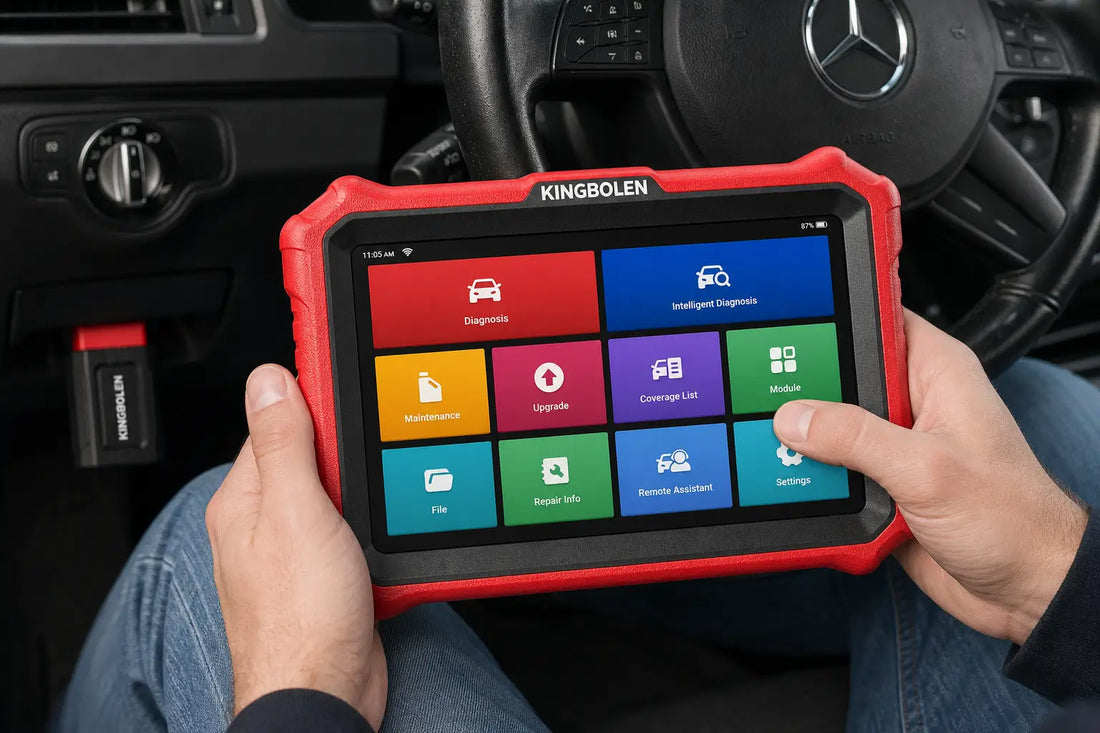 Best OBD2 scanner for Mercedes-Benz in 2026: a KINGBOLEN diagnostic tablet in a Mercedes cabin, with the OBD2 adapter plugged in
