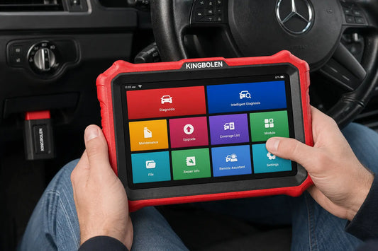 Best OBD2 scanner for Mercedes-Benz in 2026: a KINGBOLEN diagnostic tablet in a Mercedes cabin, with the OBD2 adapter plugged in