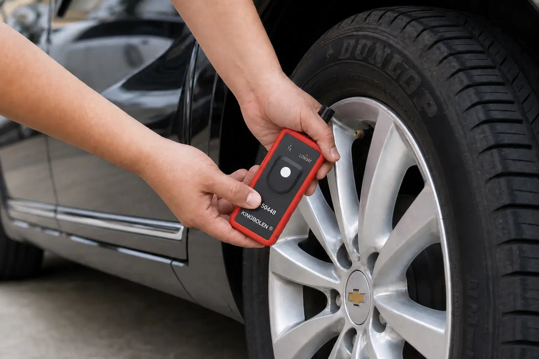 How to use a TPMS relearn tool: a KINGBOLEN EL-50448 held at a Chevrolet wheel valve stem