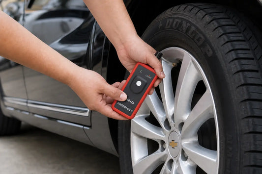 How to use a TPMS relearn tool: a KINGBOLEN EL-50448 held at a Chevrolet wheel valve stem