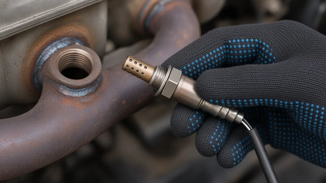 Bad oxygen sensor symptoms: gloved hand holding an O2 sensor next to the exhaust bung