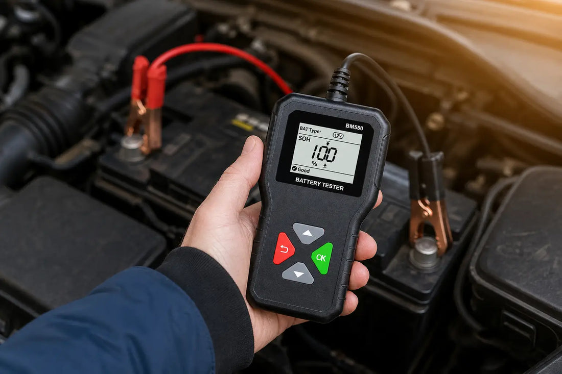 Car battery tester vs. multimeter: a BM550 battery tester clamped to a 12V car battery, showing 100% SOH and a Good result