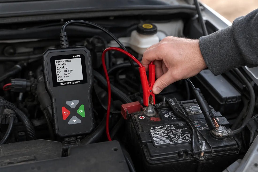 Car battery load tester vs conductance tester: a BM550 in conductance mode on a 12V AGM battery in the engine bay, showing CCA, SOH, and a Good result