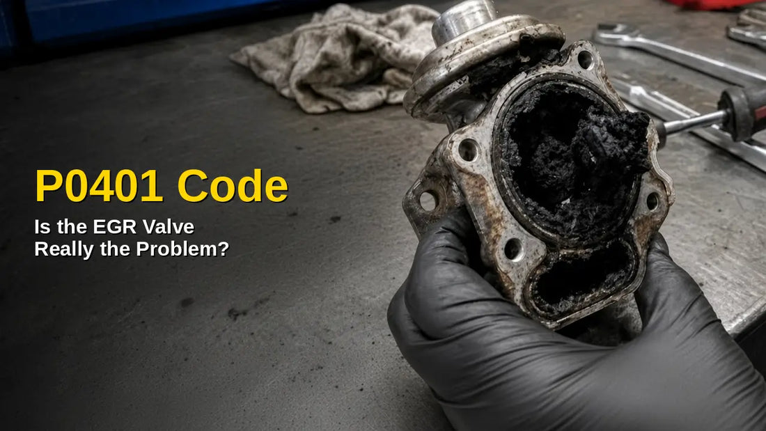 P0401 code and EGR valve: gloved hand holding a carbon-clogged EGR valve