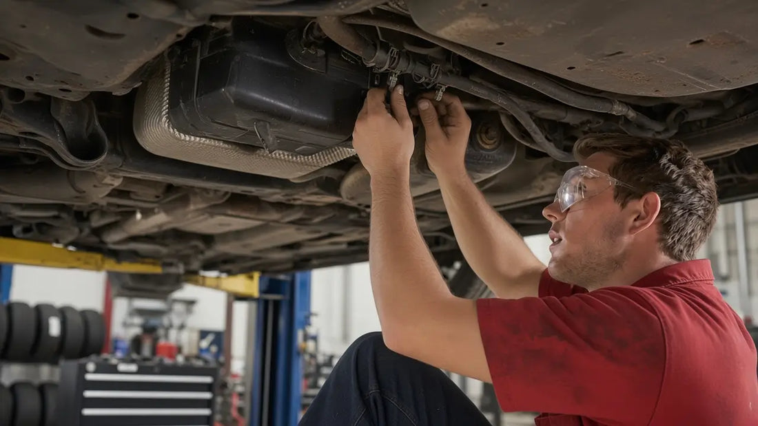 P0456 small EVAP leak checks: mechanic inspecting fuel tank hoses under a car on a lift