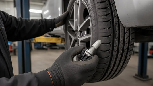 TPMS sensor replacement cost: mechanic holding a new TPMS sensor next to a wheel on a lift