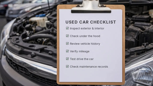 Used car inspection checklist: a clipboard over an open engine bay, covering exterior, hood, history, mileage, test drive, and maintenance records