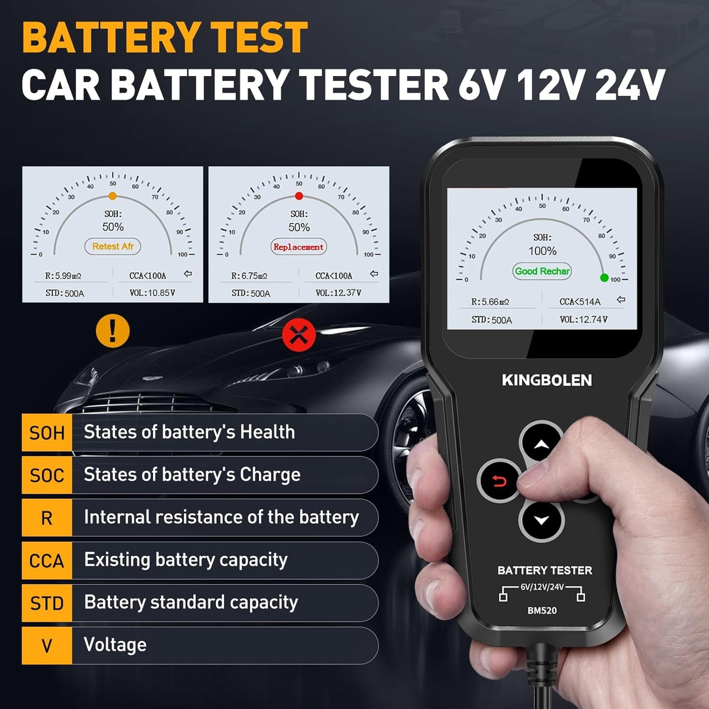 KINGBOLEN BM520 6V 12V 24V Auto Battery Tester Product description