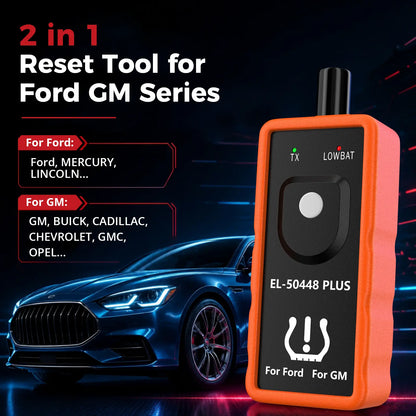 EL-50448 PLUS 2-in-1 TPMS reset tool covering Ford, Mercury, Lincoln and GM, Buick, Cadillac, Chevrolet, GMC, Opel