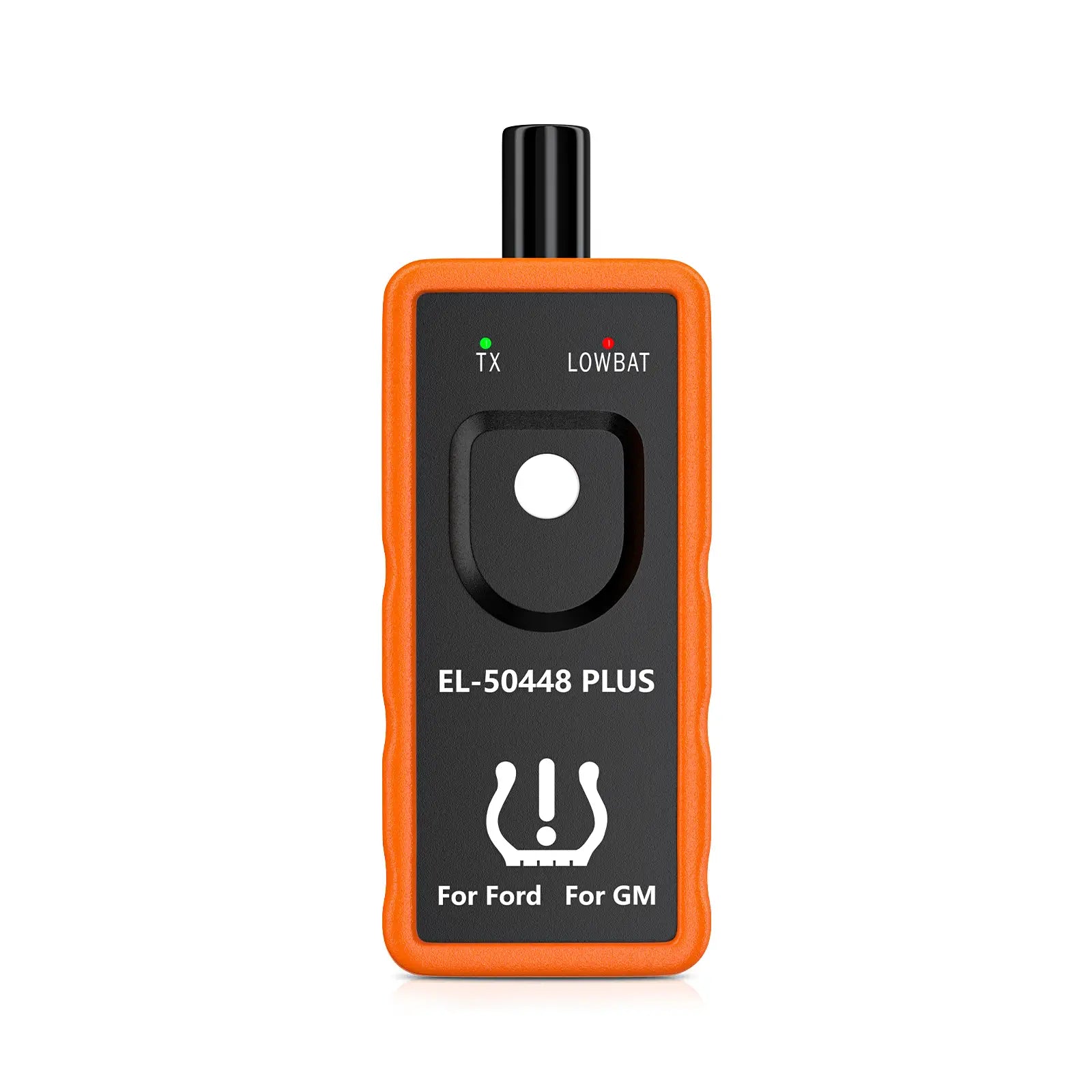 EL-50448 PLUS orange TPMS relearn tool, front view, labeled For Ford For GM