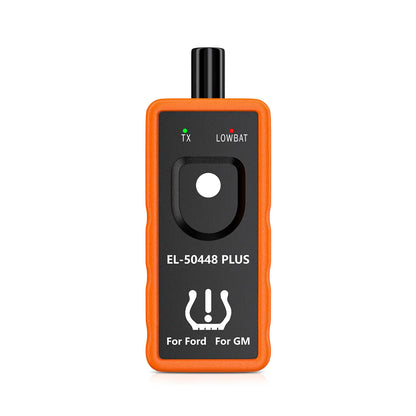 EL-50448 PLUS orange TPMS relearn tool, front view, labeled For Ford For GM