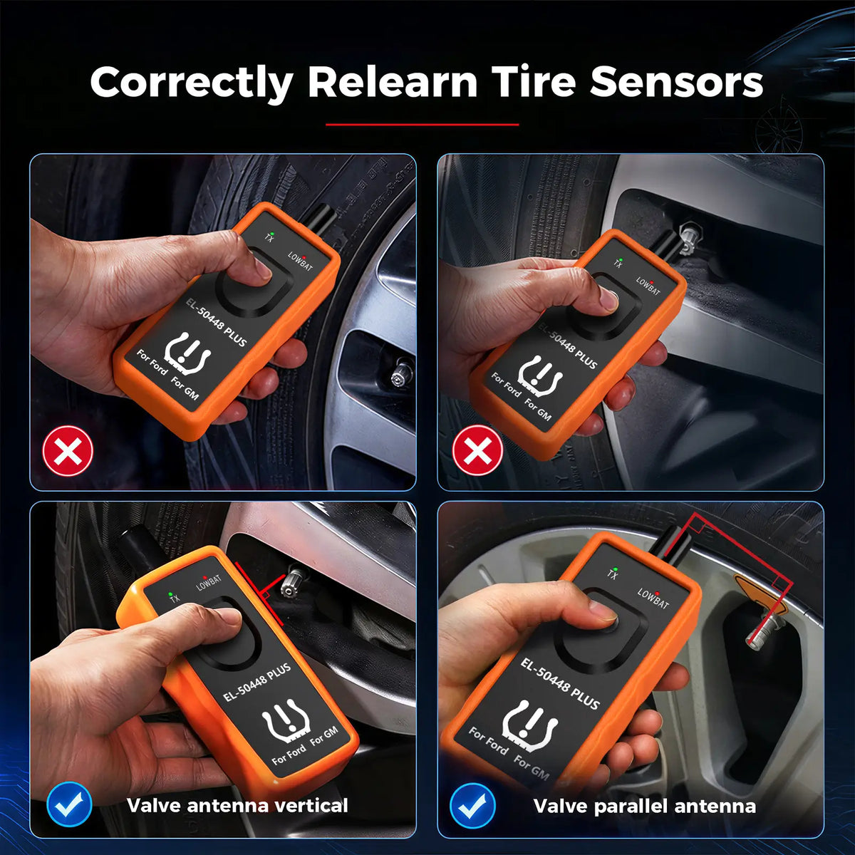 EL-50448 PLUS how-to: point the antenna vertical or parallel to the tire valve, not at the sidewall