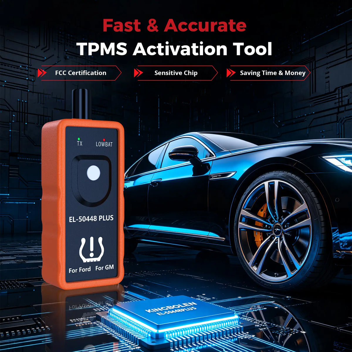EL-50448 PLUS TPMS activation tool beside a car, with FCC certification and chip callouts