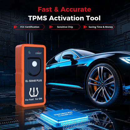 EL-50448 PLUS TPMS activation tool beside a car, with FCC certification and chip callouts