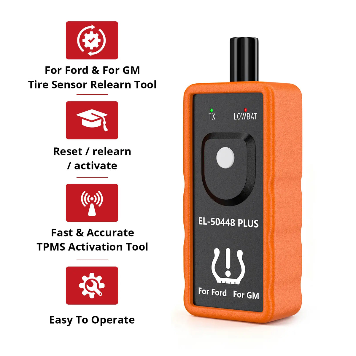 EL-50448 PLUS with callouts for Ford and GM coverage, TPMS reset, and easy operation