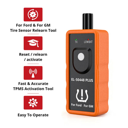 EL-50448 PLUS with callouts for Ford and GM coverage, TPMS reset, and easy operation
