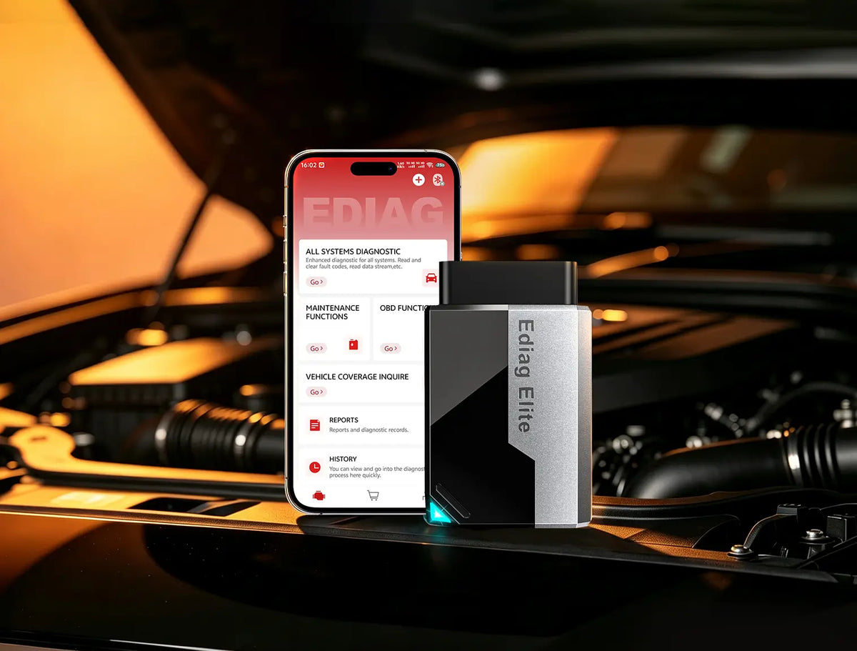KINGBOLEN Ediag Elite Bluetooth OBD2 dongle and smartphone with the EDIAG app on a car engine bay