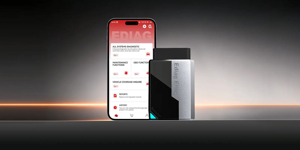 KINGBOLEN Ediag Elite Bluetooth OBD2 dongle next to a smartphone showing the EDIAG app