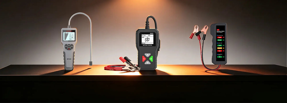 KINGBOLEN BF200 brake fluid tester, BM550 battery tester, and BM310 battery tester on a table