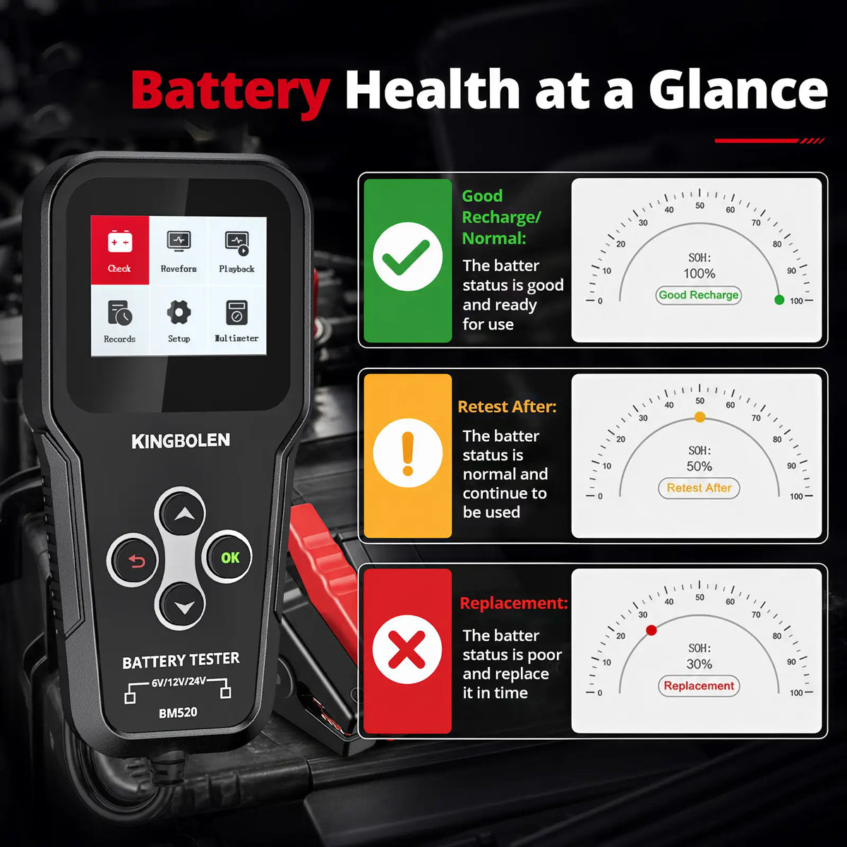 KINGBOLEN BM520 car battery tester displaying battery health status at a glance 