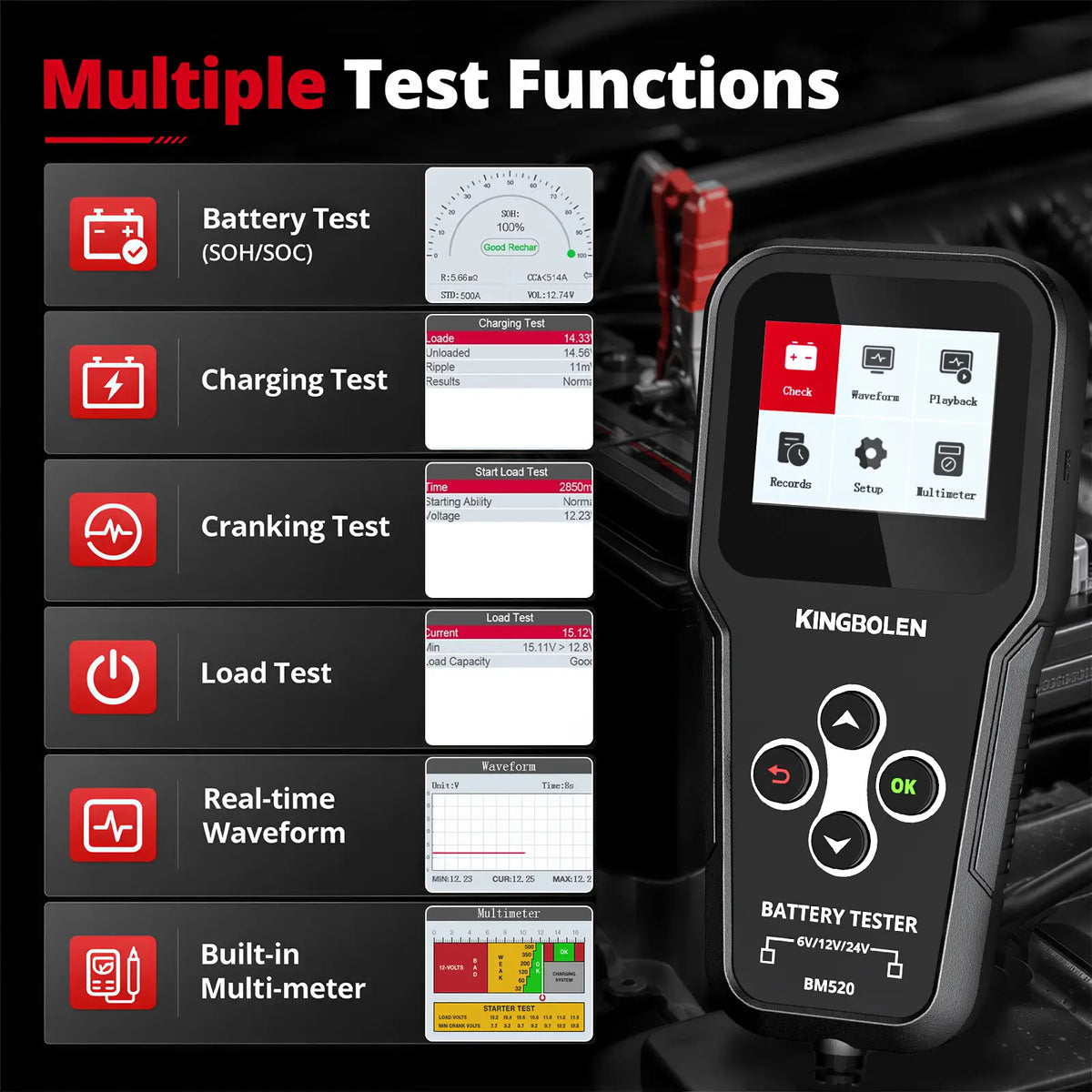 KINGBOLEN BM520 car battery tester showing multiple test functions