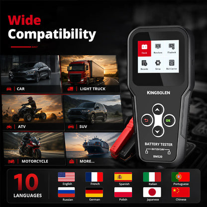 KINGBOLEN BM520 car battery tester with wide vehicle compatibility and 10 language options 