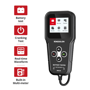 KINGBOLEN BM520 battery tester highlighting battery test, cranking test, real-time waveform, and built-in multimeter