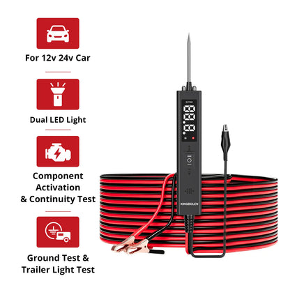 KINGBOLEN ECT200 circuit tester with 12V/24V use, dual LED light, component activation, continuity, and trailer light test callouts