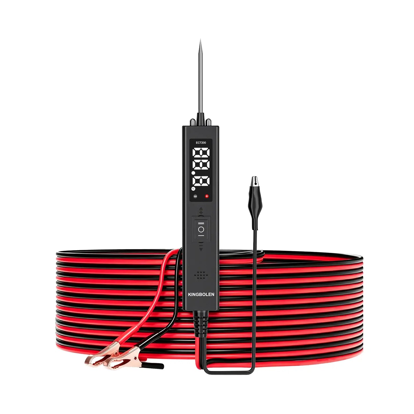 KINGBOLEN ECT200 circuit tester on a white background with probe, alligator clips, and coiled red and black cable