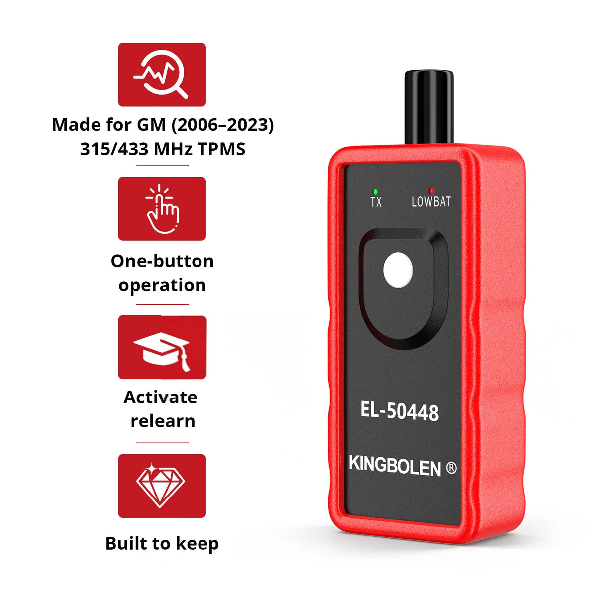 KINGBOLEN EL-50448 made for GM 2006–2023 315/433 MHz TPMS, with one-button activate relearn