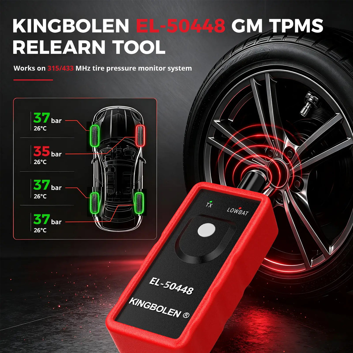 KINGBOLEN EL-50448 GM TPMS relearn tool aimed at a wheel, labeled 315/433 MHz