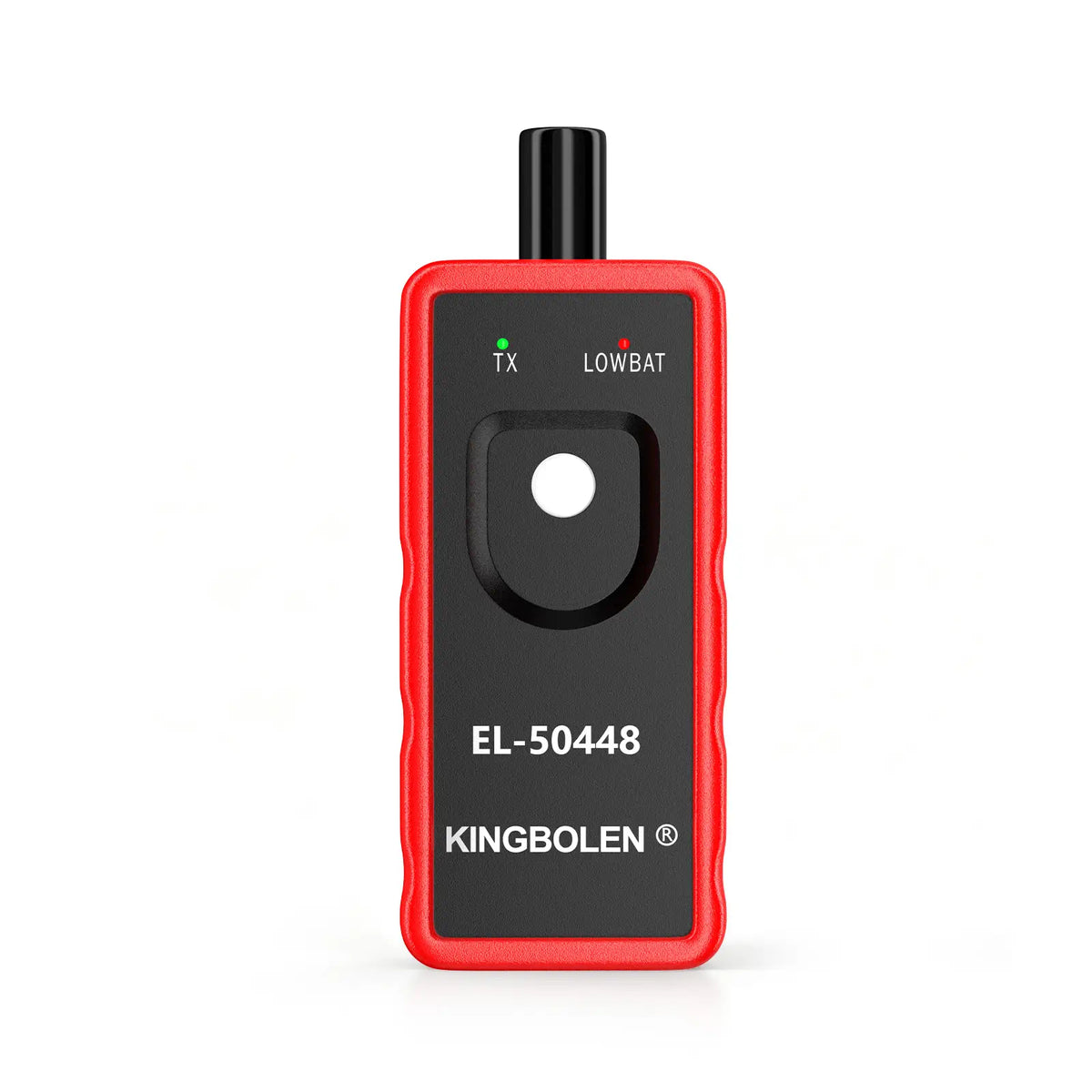 KINGBOLEN EL-50448 red handheld TPMS tool with one white button and TX and LOWBAT lights
