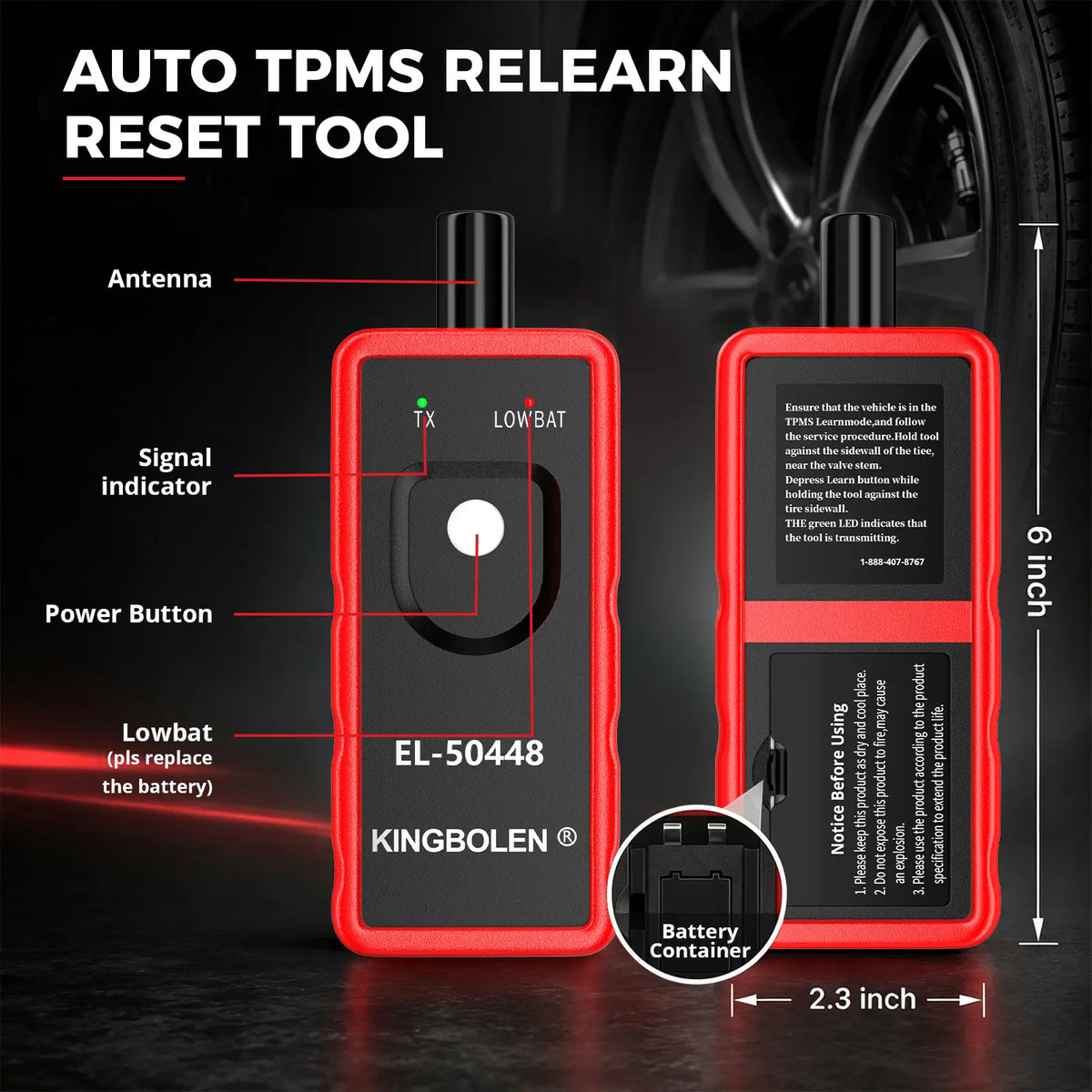 KINGBOLEN EL-50448 front and back showing antenna, TX and low-battery lights, power button, and 6 by 2.3 inch size