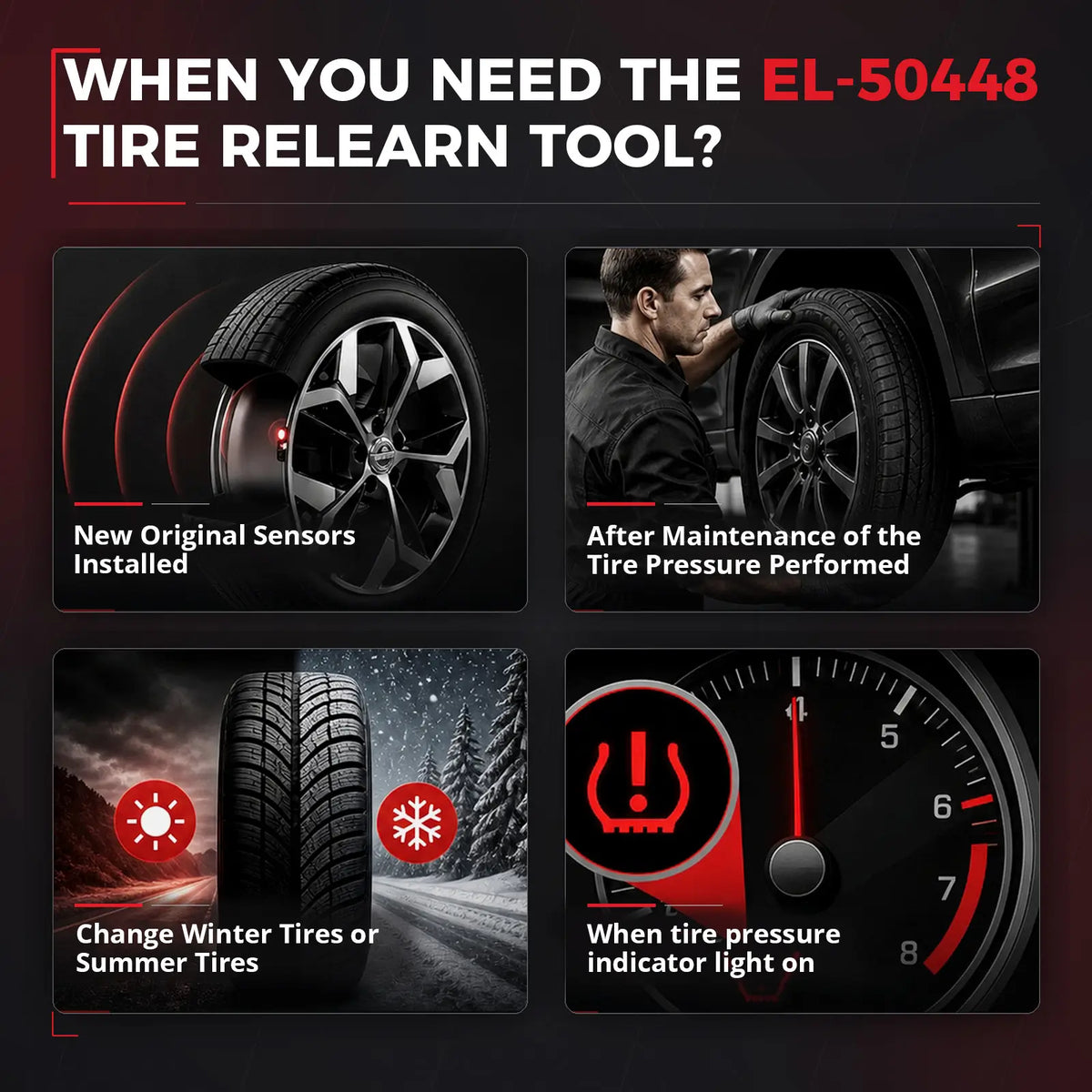 EL-50448 use cases: new sensors, tire-pressure service, seasonal tire change, and a TPMS warning light