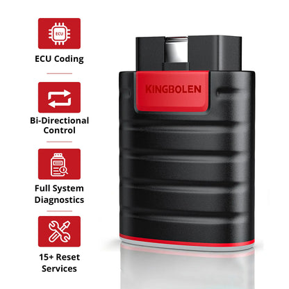KINGBOLEN Ediag with icons for ECU coding, bi-directional control, full-system diagnostics, and 15+ reset services