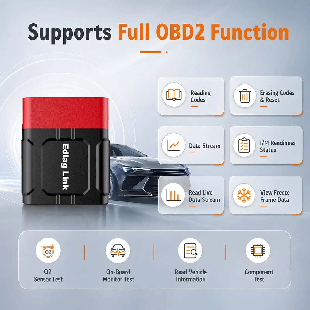 KINGBOLEN Ediag Link with full OBD2: read and erase codes, live data, freeze frame, I/M readiness, O2 test, monitor test, and vehicle info